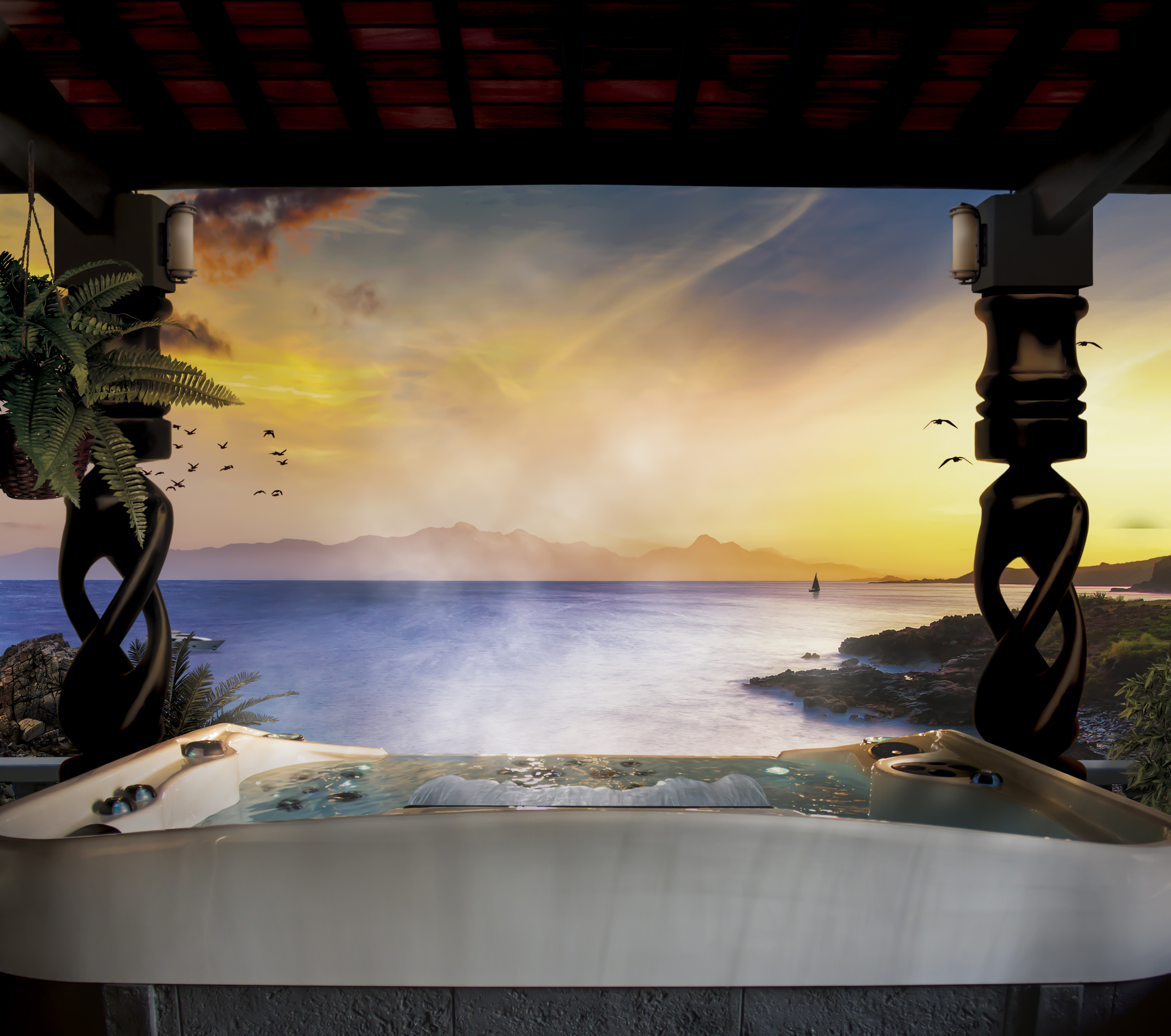 Coast Spas Infinity Edge Spa brochure photo with view of ocean and mountains in background during sunset