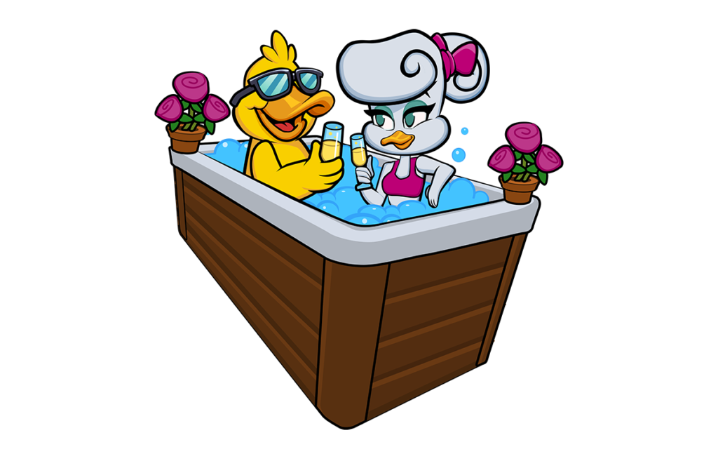 Cartoon duck couple having romantic drinks in hot tub swim spa