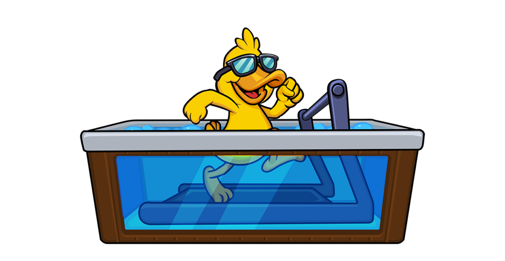 Cartoon duck running on underwater treadmill