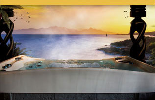 Coast Spas Infinity Edge Spa Ultimate View of ocean and mountains in background during sunset